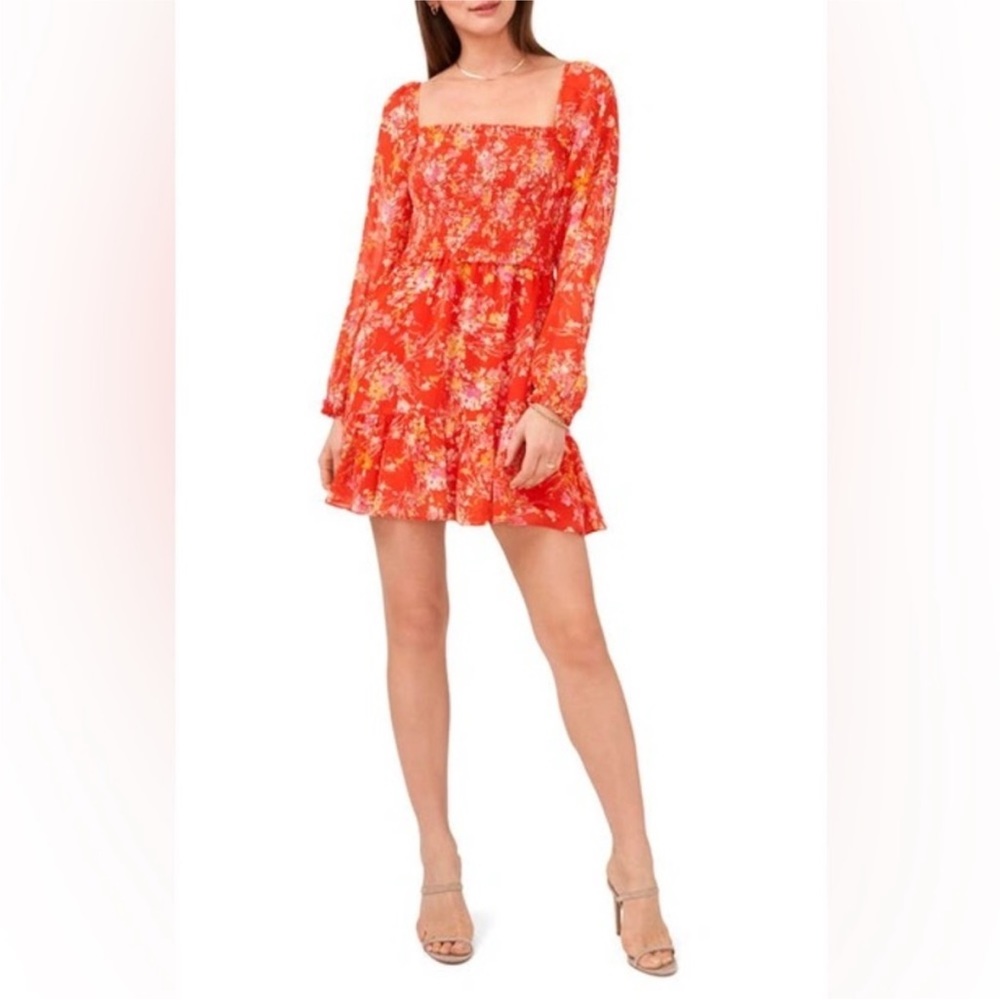 1 state red floral smocked babydoll dress small
